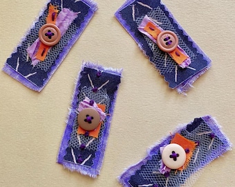 Handmade Halloween Button Fabric Clusters, Slow Stitched Embellishments, October Daily, Set of 4