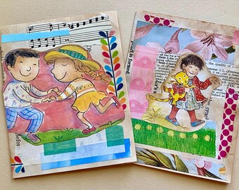 Grungy Book Page Collage Booklets, Handmade Junk Journaling Cards, Vintage Styled Ephemera, School Days