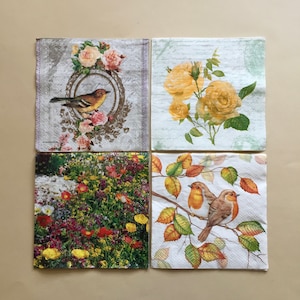 Floral Paper Napkins for Scrapbooking and Junk Journals, Napkins for Decoupage, Mixed Media, Art Journaling, and Crafting; Flowers and Birds