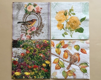 Floral and Bird Paper Napkins for Decoupage, Scrapbooking, Junk Journals, & Mixed Media