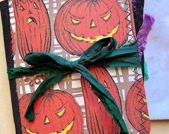 Blank Handmade Halloween Junk Journal with Ephemera Pack, Stitched Cover, Spooky & Whimsical Pumpkins