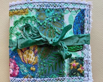 Botanical Mini Junk Journal with Slow Stitched Cover, Handmade Embellished Pocket Journal, Vintage Style