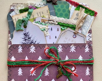 Christmas Stitched Loaded Pocket for Junk Journals, Handmade Stuffed Envelope