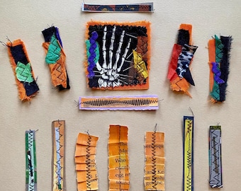 Handmade Stitched Halloween Ephemera Pack for Junk Journals, and October Daily; Fabric & Paper Kit