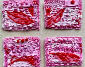 Handmade Slow Stitched Fabric Clusters for Junk Journals, Hand Embroidered Shabby Snippets, Pinks & Red