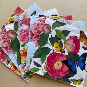 Floral Paper Napkins for Decoupage, Junk Journals, Scrapbooking, Mixed Media, Art Journaling, and Crafting, Three Designs, Set of 6