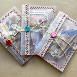 Enveloppe faite main de morceaux éphémères cousus pour journaux indésirables et collage, pochette pour attache ficelles de papier calque