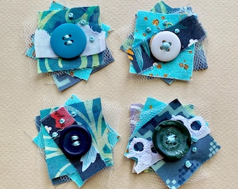Slow Stitched Button Fabric Clusters, Teal & Turquoise Junk Journal Layered Embellishments, Set of 4