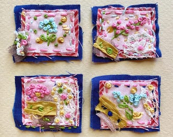 Handmade Floral Slow Stitched Fabric Clusters, Embroidered Snippets, Junk Journal Embellishments, Set of 4