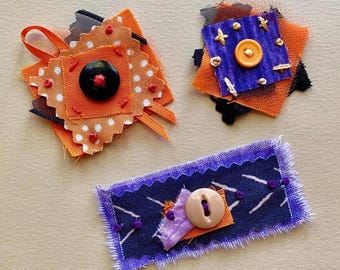 Handmade Halloween Fabric Button Embellishments, Slow Stitched Layered Clusters, Set of 3