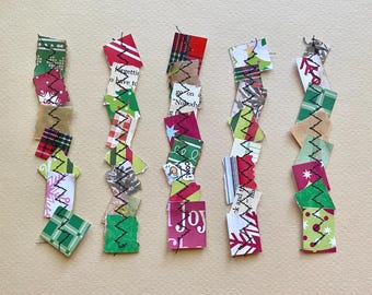 Christmas Stitched Paper Mini Snippet Strips, Handmade Junk Journal Embellishments, Scrappy Ephemera Trim