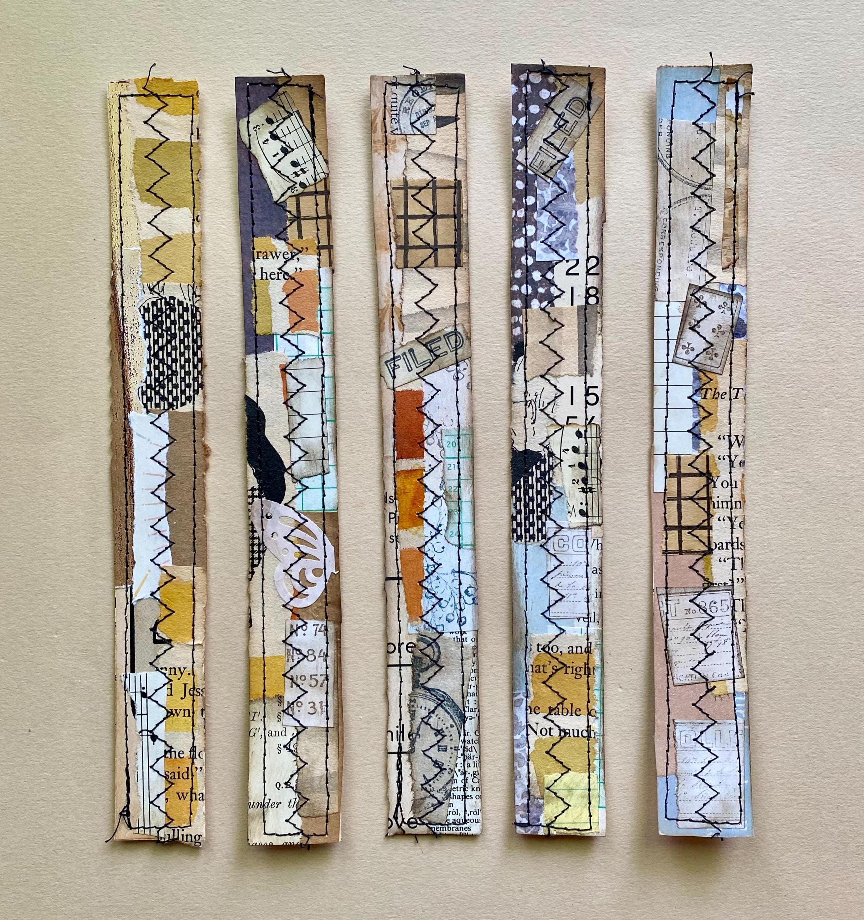 Stitched Paper Snippet Roll Strips, Handmade Neutral Book Page Embellishments for Junk Journals, Sewn Paper Trim with Stamping & Watercolor