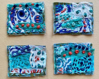 Handmade Slow Stitched Fabric Clusters for Junk Journals, Hand Embroidered Multicolor Snippets, Blues & Rust