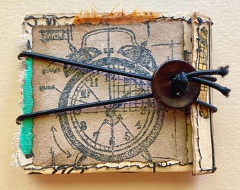 Stitched Grungy Mini Accordion Junk Journal, Handmade Blank Folding Book, UpCycled Pocket Journal