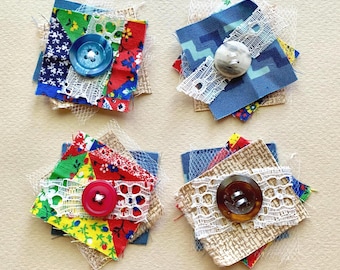 Colorful Button Fabric Clusters, Slow Stitched Junk Journal Layered Embellishments, Set of 4