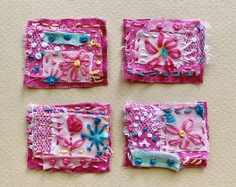 Handmade Floral Slow Stitched Fabric Clusters, Embroidered Snippets, Junk Journal Embellishments, Set of 4