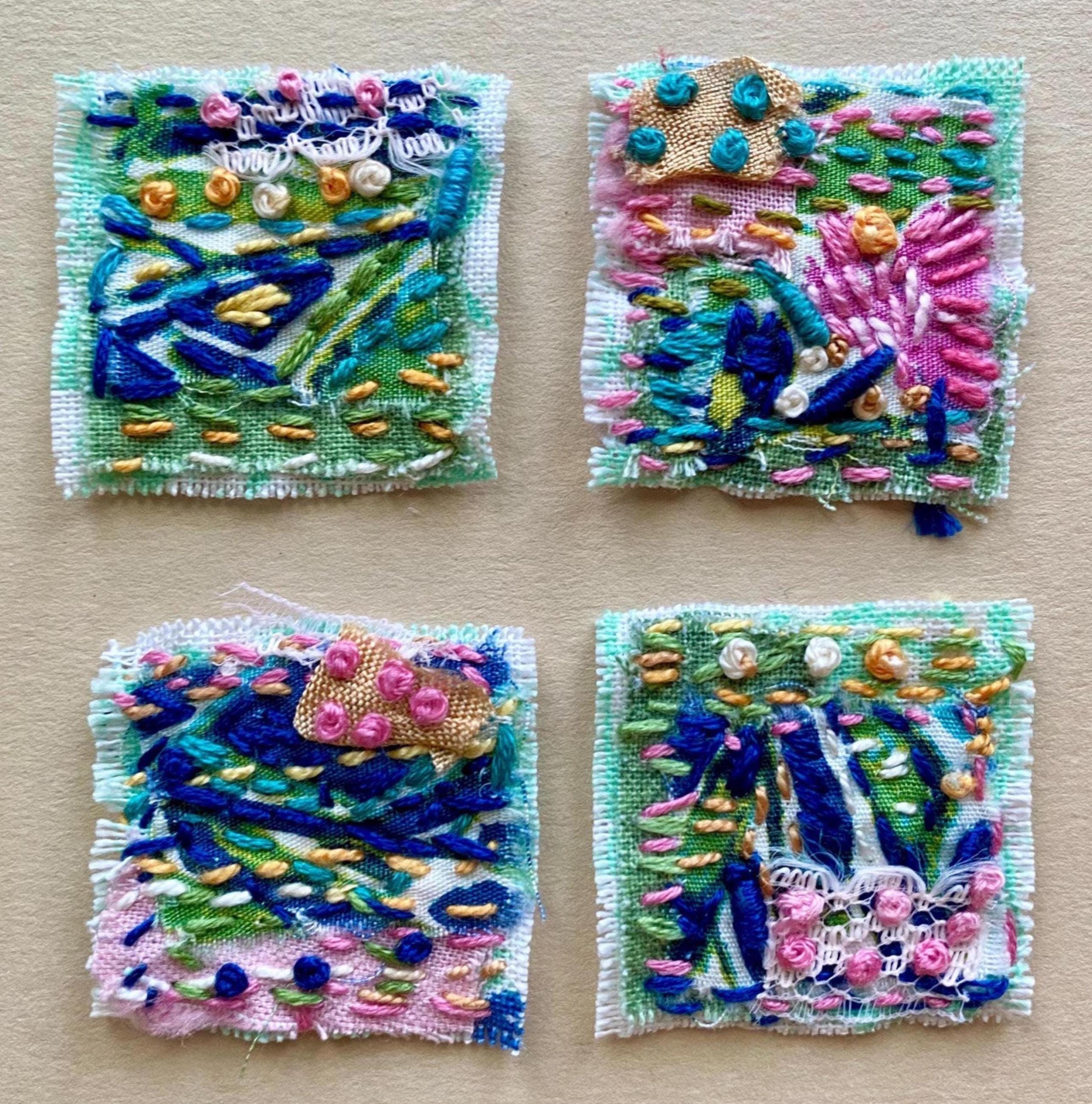 Handmade Slow Stitched Fabric Clusters for Junk Journals, Hand Embroidered Multicolor Snippets, Greens and pink, Set of 4, Textile Arts, S78