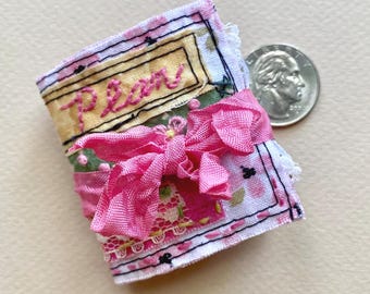 Tiny Floral Pocket Mini Journal with Slow Stitching, Handmade Soft Fabric Cover; Plan