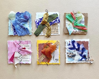 Stitched Scrappy Snippet Embellishments, Handmade Layered Collage Clusters for Junk Journals, Set of 6