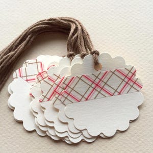 Handmade Plaid Washi Tape Gift Tags, Scalloped Cardstock with twine, Set of 10