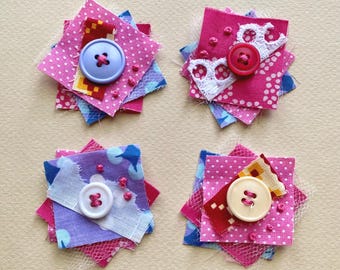 Slow Stitched Button Fabric Clusters, Pink & Purple Junk Journal Layered Embellishments, Set of 4