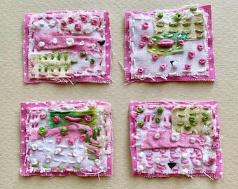 Handmade Slow Stitched Fabric Clusters for Junk Journals, Hand Embroidered Multicolor Snippets, Pink & Green