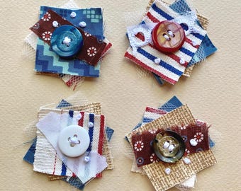 Colorful Button Fabric Clusters, Slow Stitched Junk Journal Layered Embellishments, Set of 4