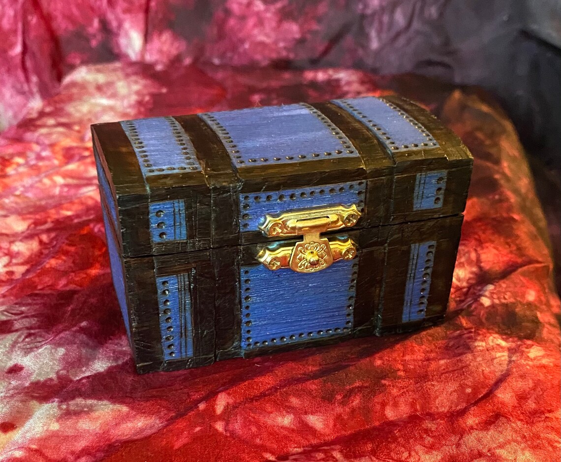 Miniature Treasure Chest Woodburned Bright Blue Box Etsy