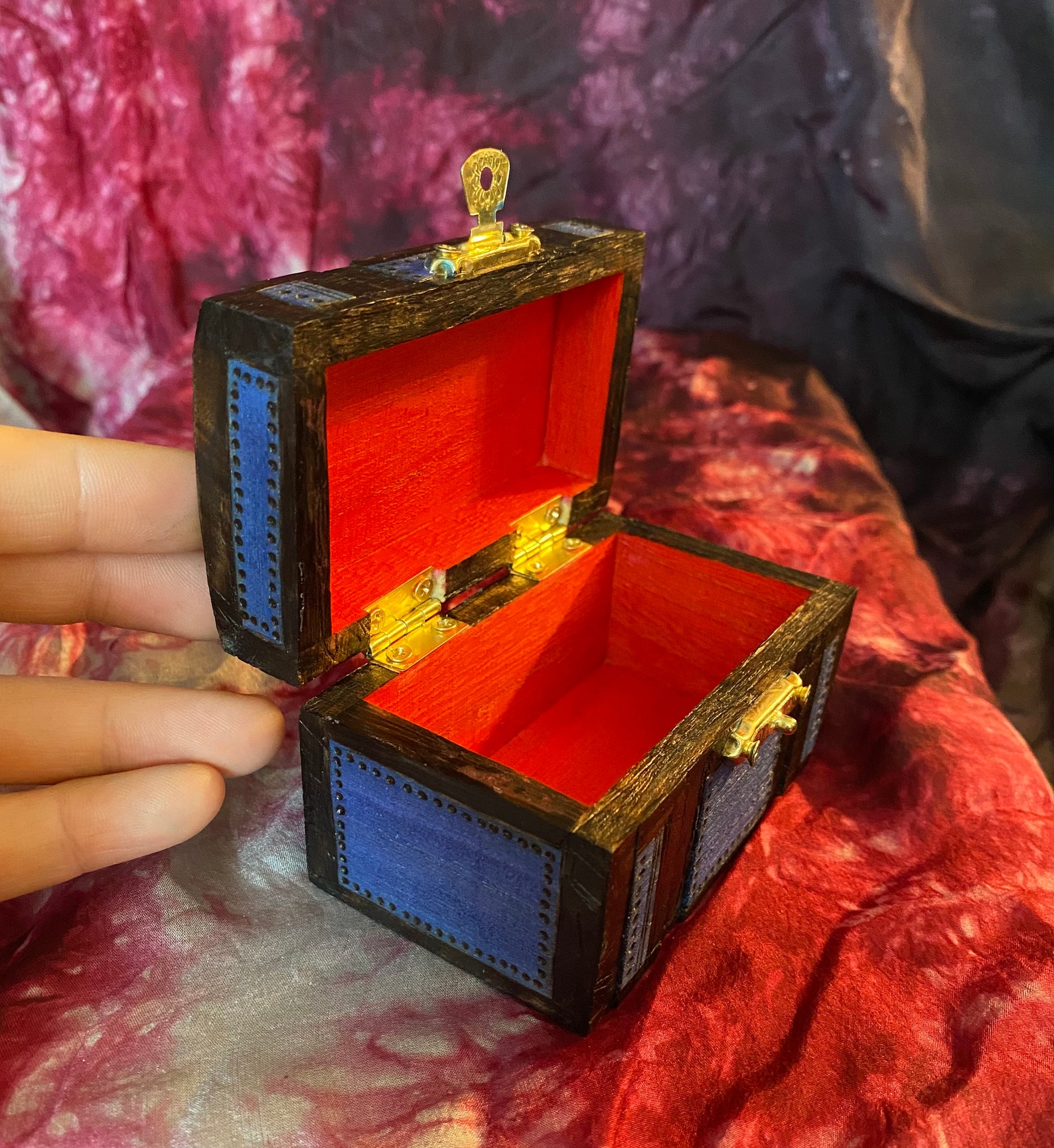 Miniature Treasure Chest Woodburned Bright Blue Box Etsy