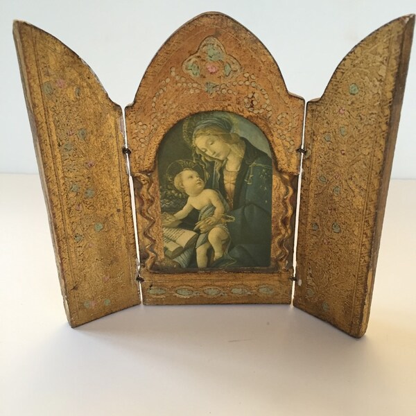 Vintage Gold Florentine Madonna and Child Triptych"Madonna of the Book" by Botticelli , Virgin Mary Jesus, Religious Icon Italy
