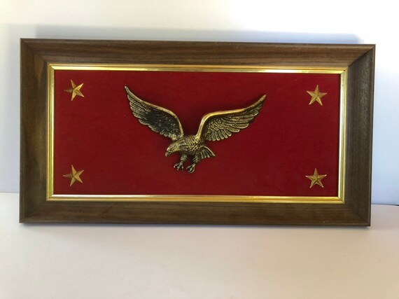 Vintage Framed Cast Metal Golden Eagle Plaque On Red Velvet Made By Academy Arts Patriotic Americana Early American
