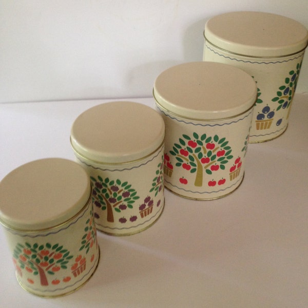 CLEARANCE! - Vintage Set of 4 Nesting Metal Tin Canisters Fruit Tree Motif