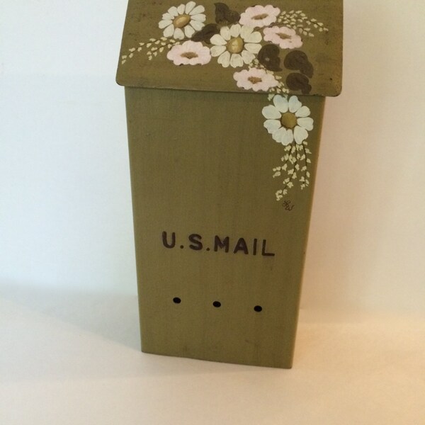 Vintage Olive Green Tole Painted Wall Mounted Metal U. S. Mailbox