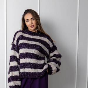 Oversize violet grey sweater purple striped woman jumper mohair knit pulover one size mohair jumper fashionable woolen loose sweater
