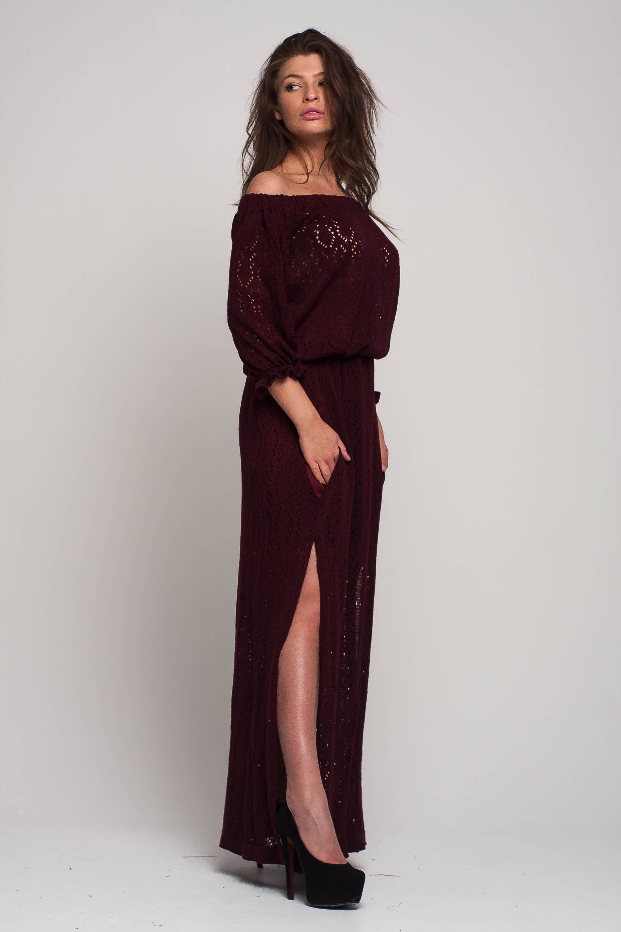 Maroon Off Shoulder Cotton Maxi Dress