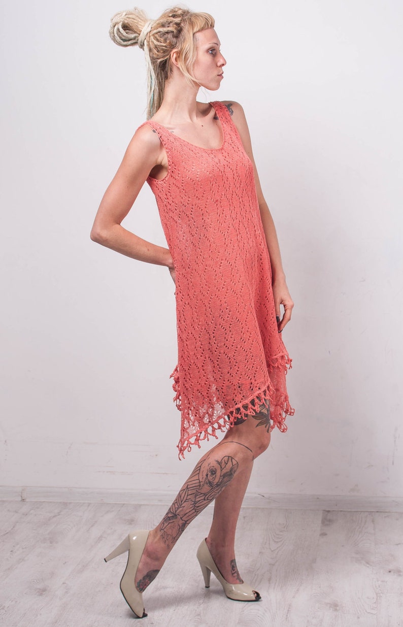 Crochet Ethnic Dress KNIT Coral Linen Tunic CROCHET Lace Women Dress ...