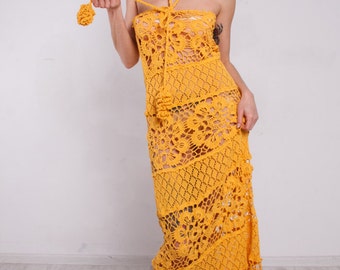 Vestido de crochet ganchillo vestido maxi ropa del ganchillo amarillo Vestido de encaje hecho a mano lino vestir trajes de baño del ganchillo Vestido de noche amarillo piso