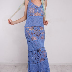 Crochet blue dress Crochet maxi sundress riverside Crochet lacy sundress Handmade linen Dress Crocheted Beachwear dress evening blue garment