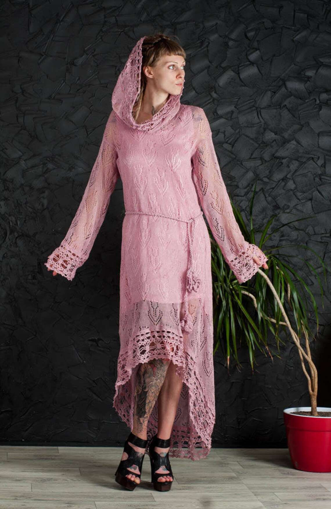 Crochet Pink Dress Lace Hoodie Dress Biggin Lacy Tunic CROCHET Etsy
