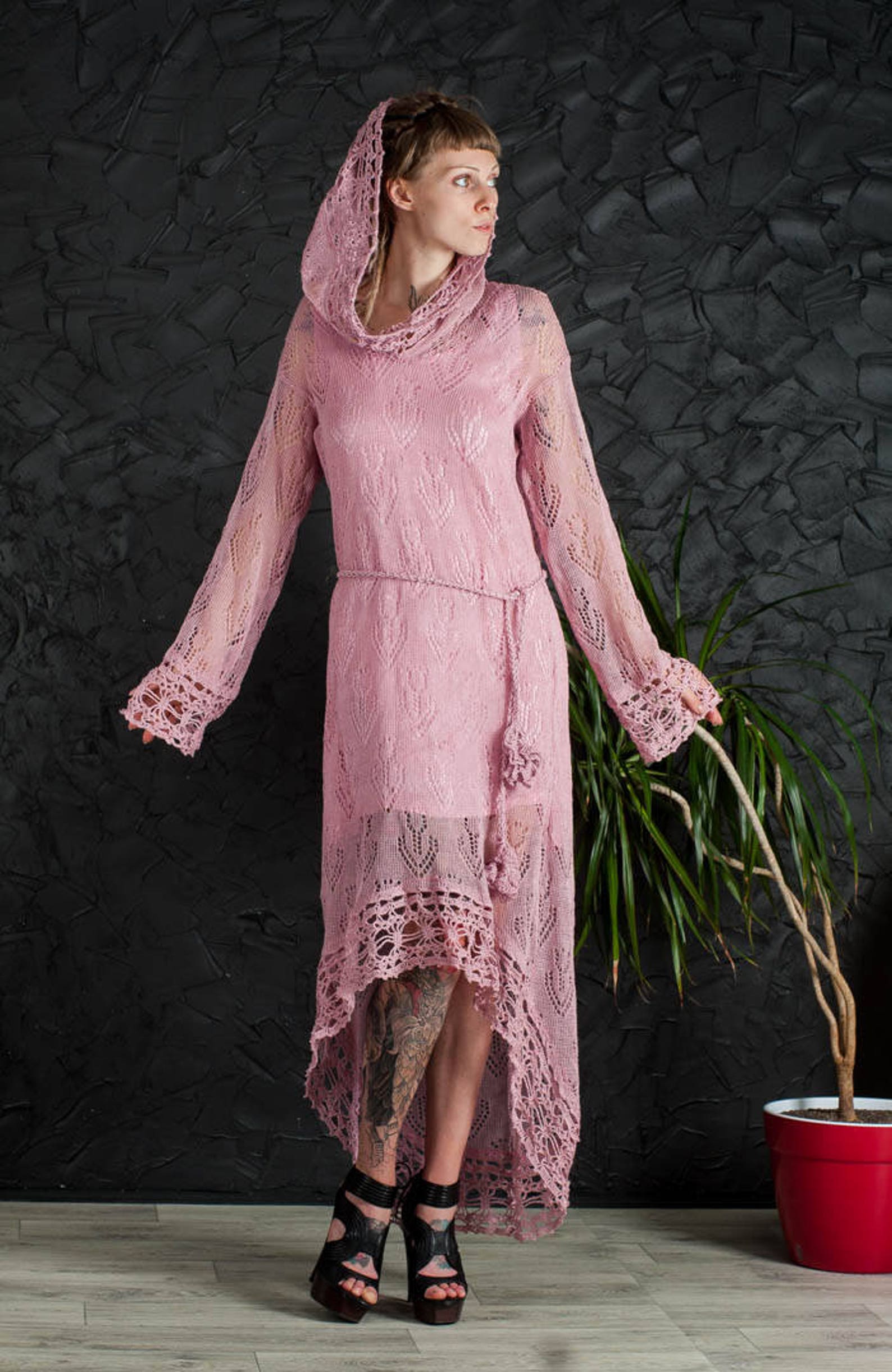 Crochet Pink Dress Lace Hoodie Dress Biggin Lacy Tunic CROCHET Etsy
