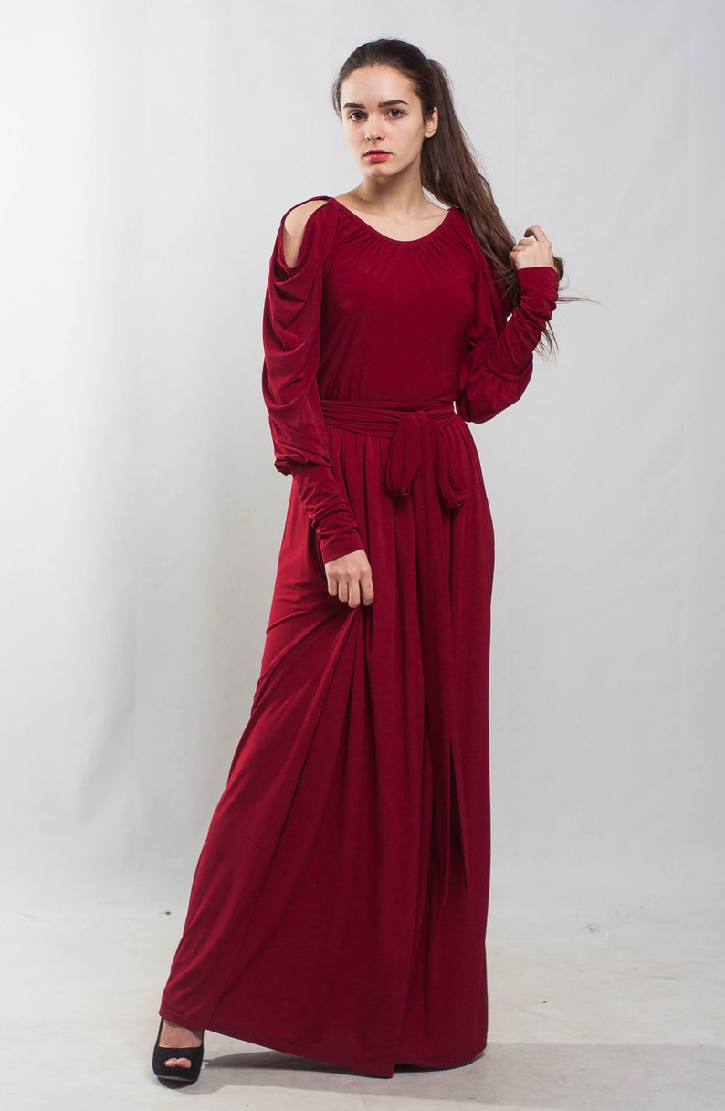 Bordeaux Maxi Dress Flared Bow Belt Dress Cocktail Floor Dress Etsy