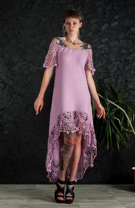 Dusty Pink Crochet Dress Asymmetric Dress Handmade Maxi Dress Crochet Pink Dress Knit Lace Dress Crochet Evening Dress Knit Floor Dress