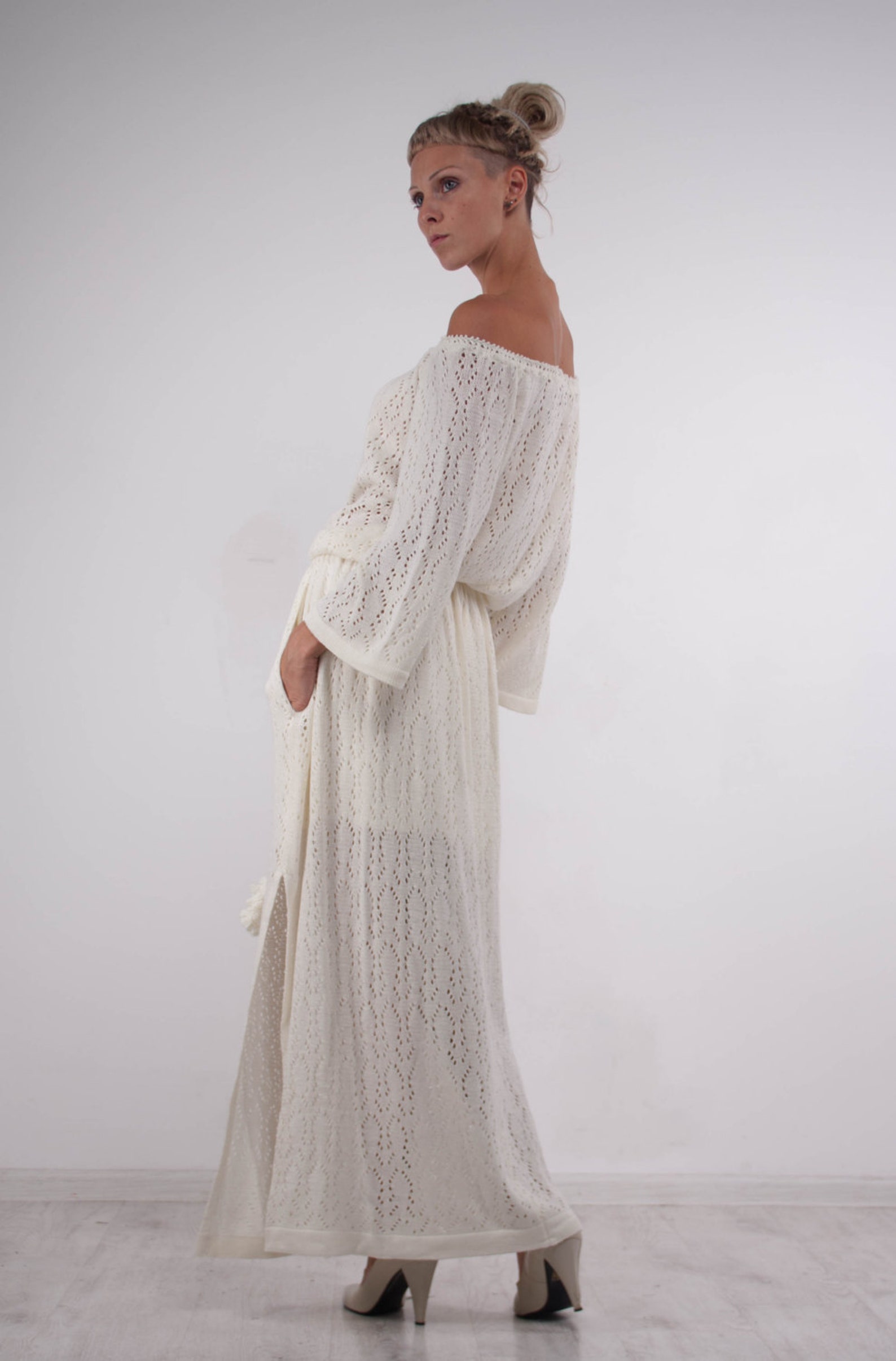 White off the Shoulder Dress Crochet White Dress KNIT Wedding Maxi ...