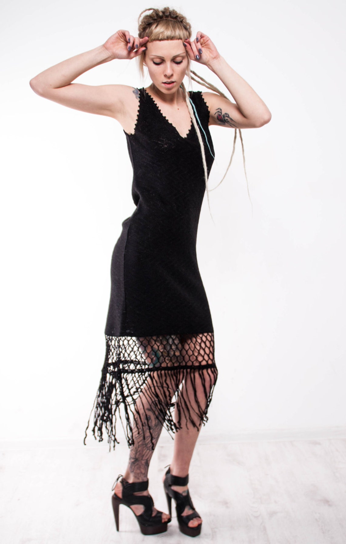 Crochet Dress Black Crochet Dress Small Black Dress Mini Lacy Fringe ...