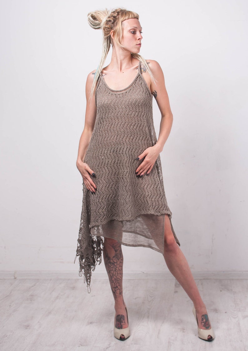 Crochet Ethnic Dress KNIT Grey Linen Tunic CROCHET Women Tunic Loose ...