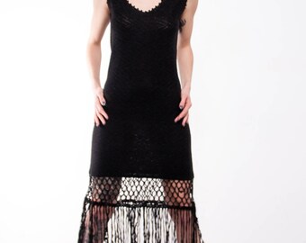Crochet Dress Black crochet dress Small black Dress Mini lacy fringe Dress Handmade Black Dress Crochet black viscose dress.Vintage Dress