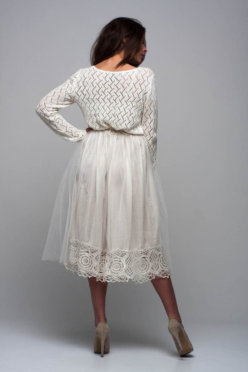Wedding long sleeves dress Special day dress Tulle tutu white dress Knit lace dress Bridal dress Tutu dress Pleated dress Lace dress