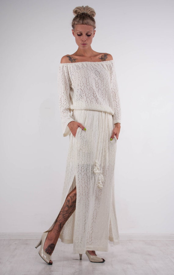 off the shoulder white crochet dress Bohemian White Off Shoulder Ruffle Crochet Lace Trim Boho Maxi Dress Wedding