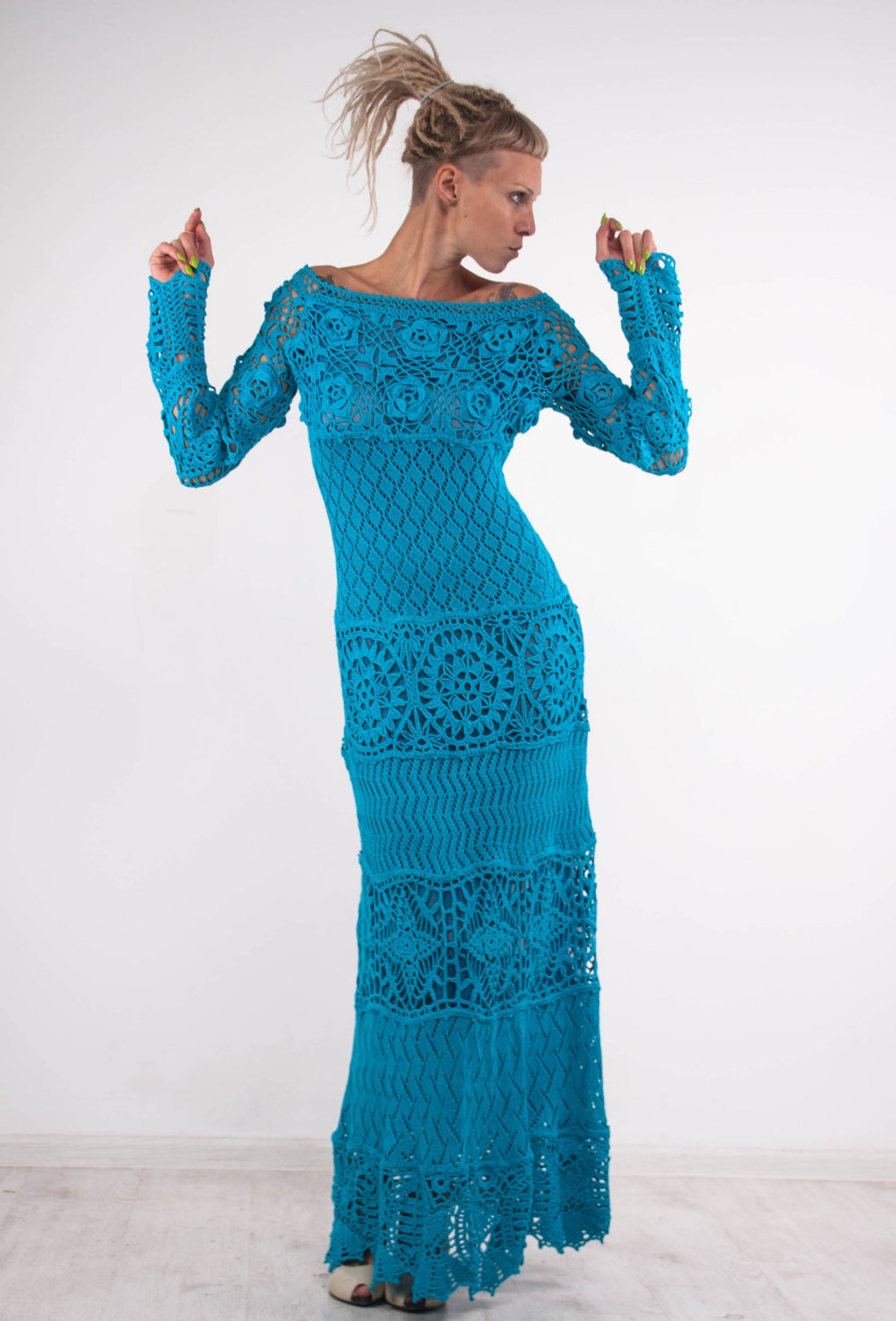 Crochet Knitted Tunic Dress - Turquoise main image 1