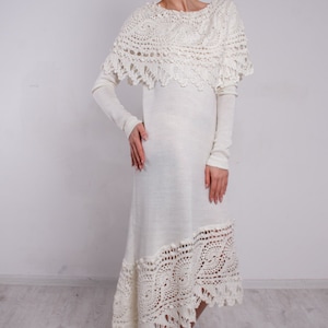 CROCHET white Dress asymmetric white Dress Midi white Dress Crochet white Dress KNIT collar Dress lace white Dress Knit sleeves white Dress